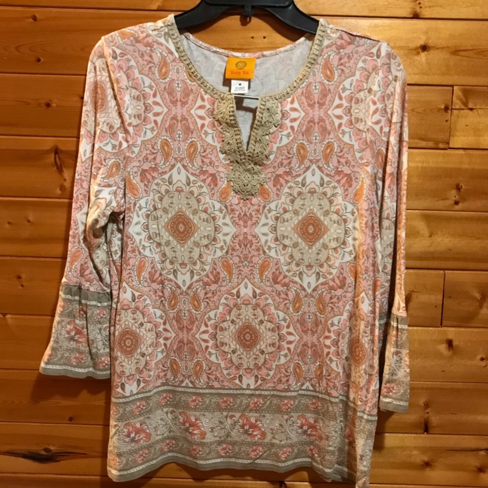 Ruby Rd White Pink Medallion Print Top